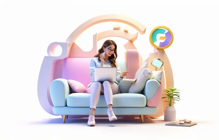 Remote Work Concept Woman with Laptop 3D Character Illustration image